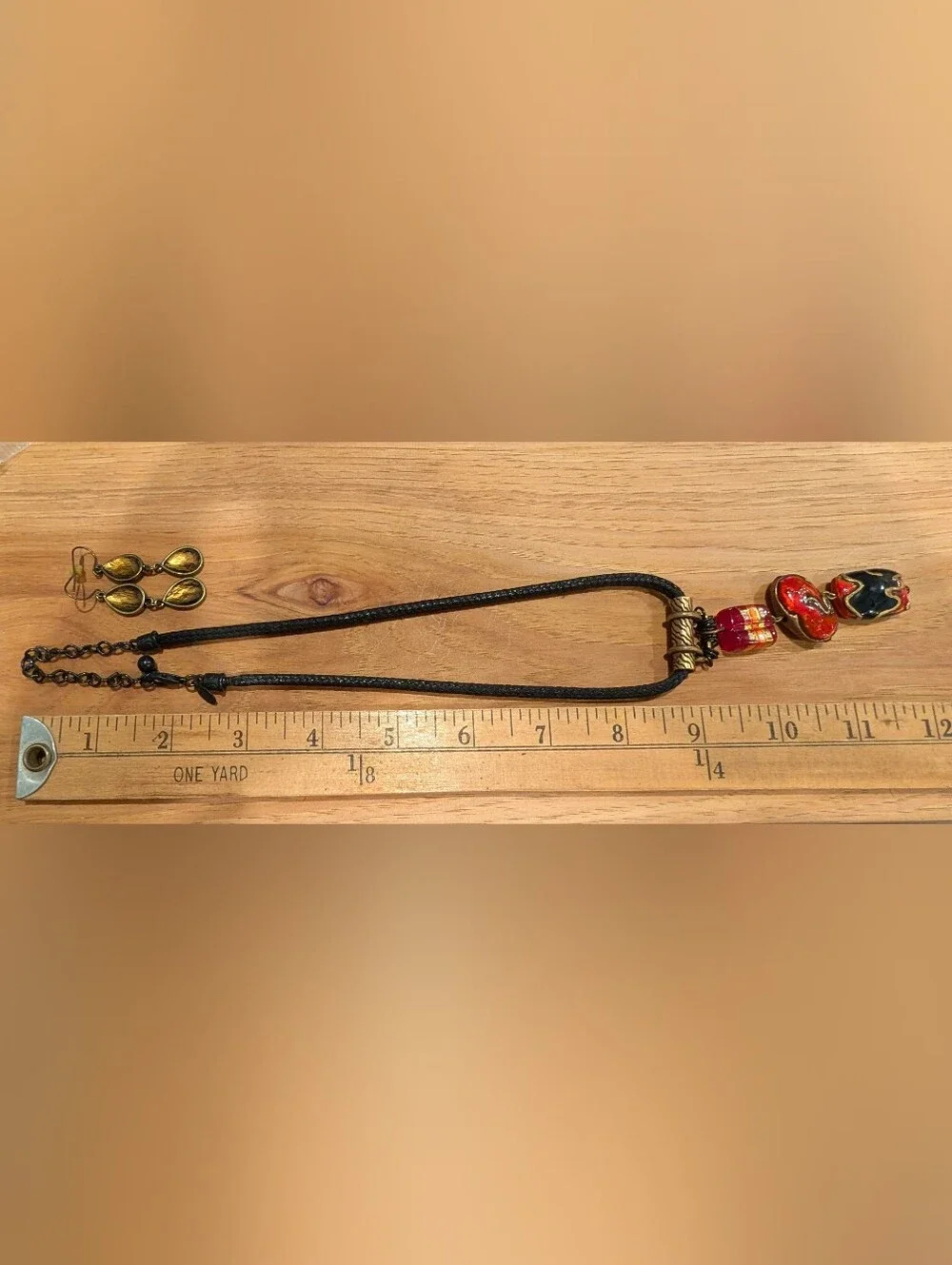 Red and Gold Glass And Enamel Pendant Necklace and Earrings Set